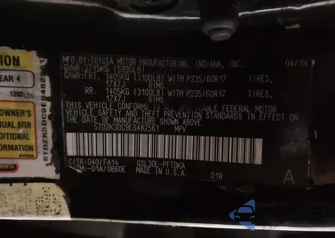 2014 Toyota Sienna L V6 7 Passenger from USA, damaged, VIN 5TDZK3DC9ES482561